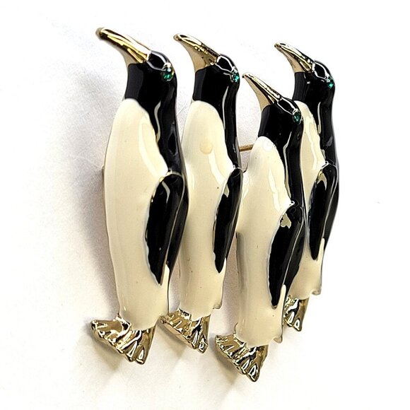 Black & White Enamel Penguin Family Brooch - Picture 1 of 9